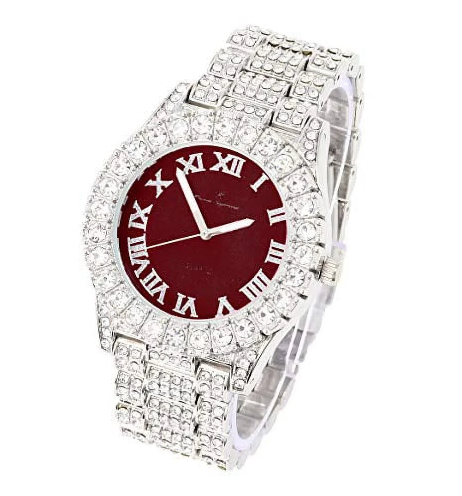 Charles Raymond Women's Big Rocks Blinged Out Bezel Colored Dial with Roman Numerals Fully Iced Out Hip Hop Wristwatch and Sparkling Tennis Bracelet Set - ST10327LA (TLA Silver - Burgundy)