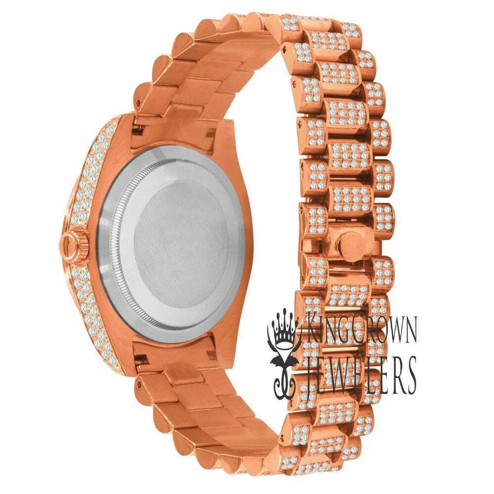 18K Rose Gold Tone Full Steel Day-Date Roman Face Solitaire Bezel Mens SimuLatitudeed Diamond Watch 40mm