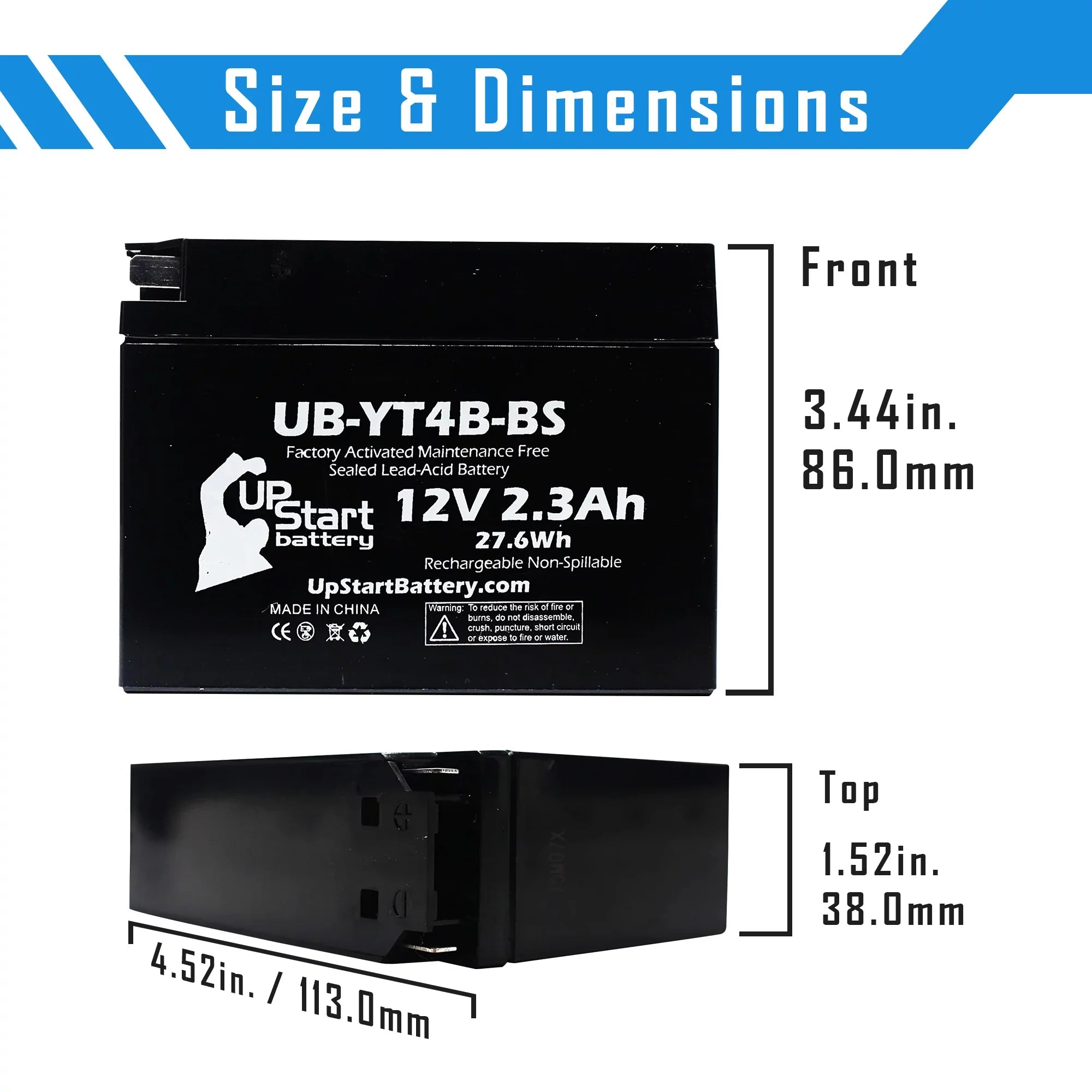2-Pack UpStart Battery Replacement 2006 Yamaha SR400 400CC Factory Activated, Maintenance Free, Motorcycle Battery - 12V, 2.3Ah, UB-YT4B-BS