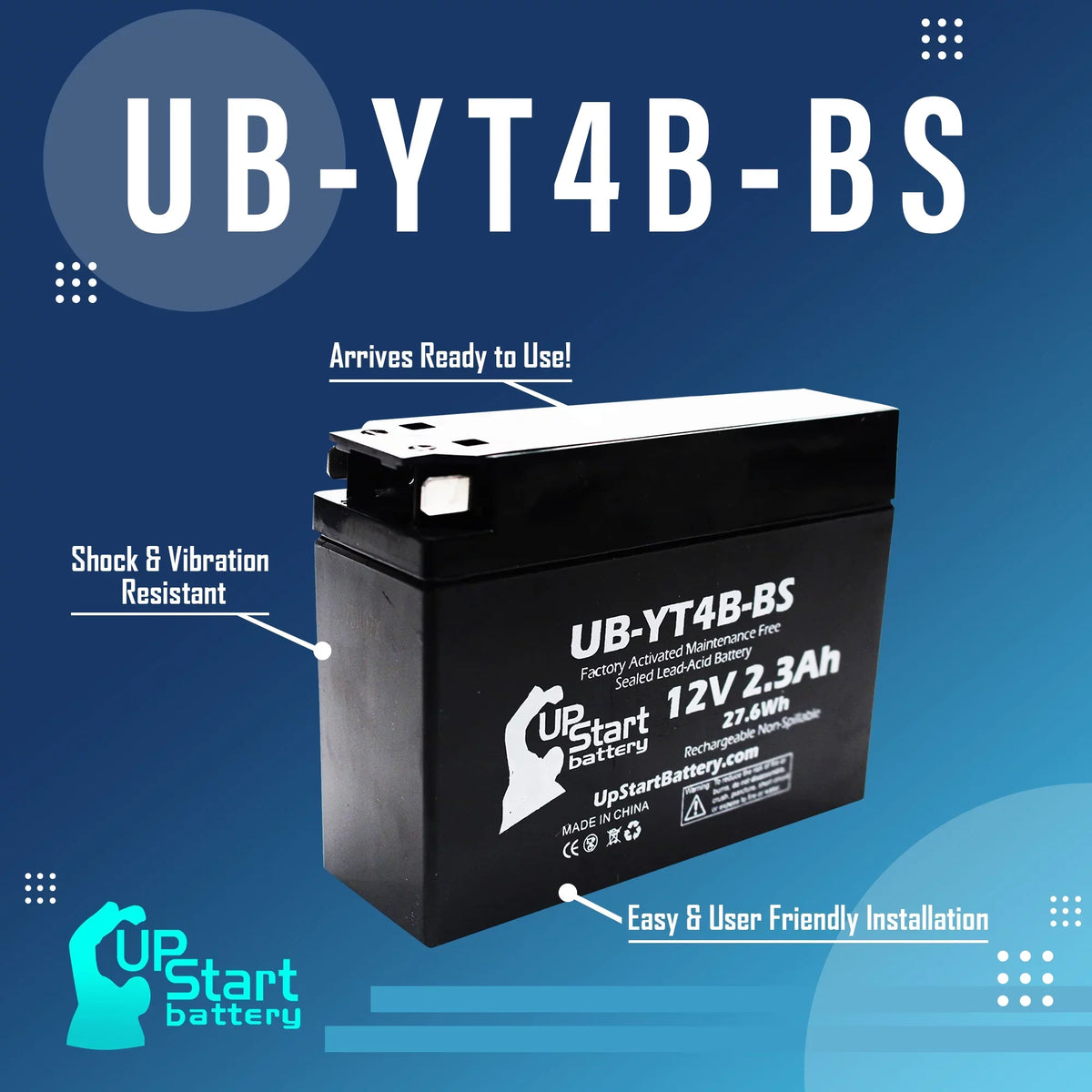 5-Pack UpStart Battery Replacement for 2005 Yamaha SR400 400CC Factory Activated, Maintenance Free, Motorcycle Battery - 12V, 2.3Ah, UB-YT4B-BS