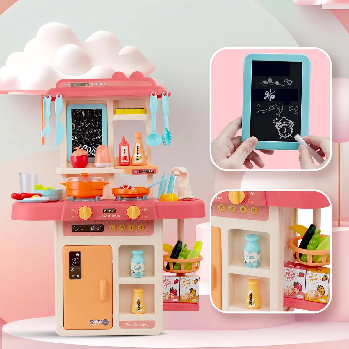 Play Kitchen Set for Kids Pretend Food, 42-Pack Kitchen Toys for Toddlers, Toy Accessories Toddler Set with Real Sounds and Lights, Educational Preschool Toys for Girls Boys, Pink