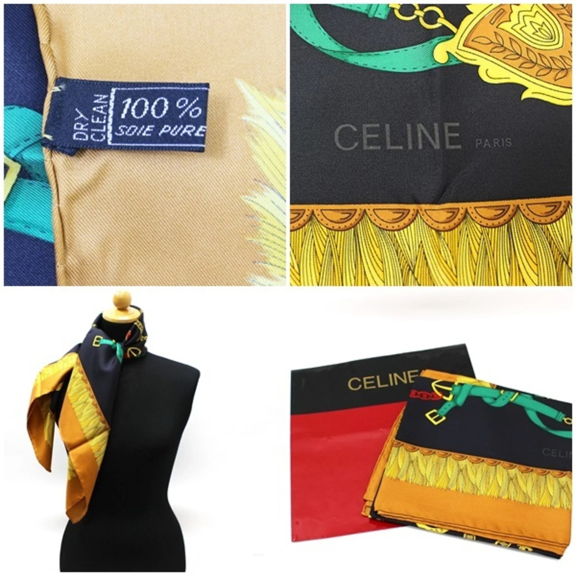 Pre-Owned Celine silk scarf muffler black x beige belt pattern CELINE ladies with paper case (Like New)