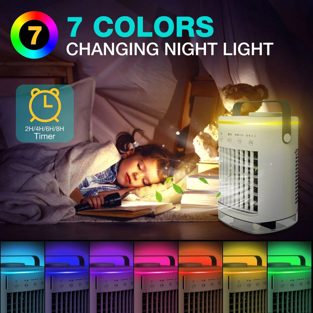 Hiroke Portable Air Conditioners Fan Desktop Air Cooler with 4-Speed Personal Mini Air Conditioner 7 Night Light & 2-8H Timer Desk Spray Fan for Home Office Camping