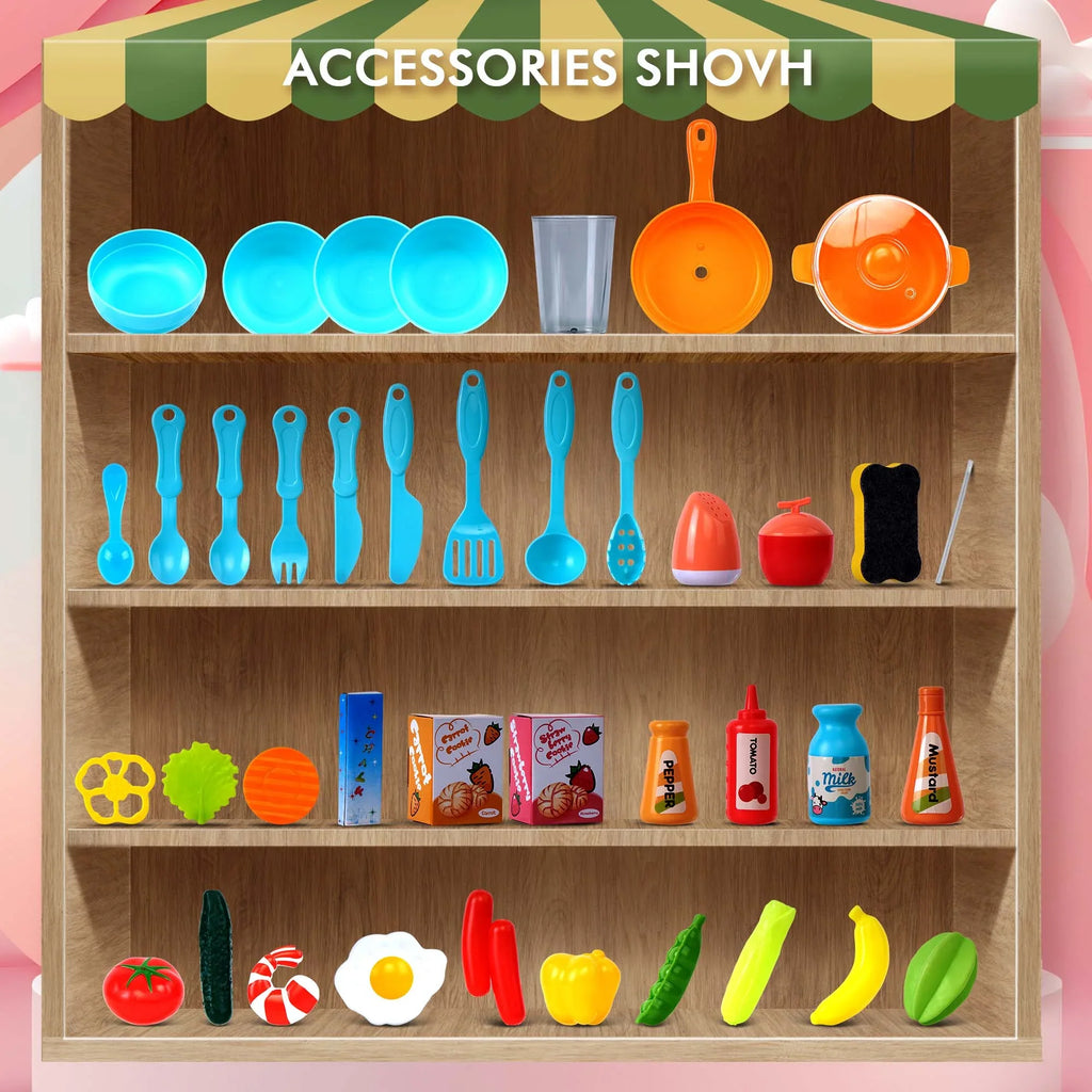 Play Kitchen Set for Kids Pretend Food, 42-Pack Kitchen Toys for Toddlers, Toy Accessories Toddler Set with Real Sounds and Lights, Educational Preschool Toys for Girls Boys, Pink