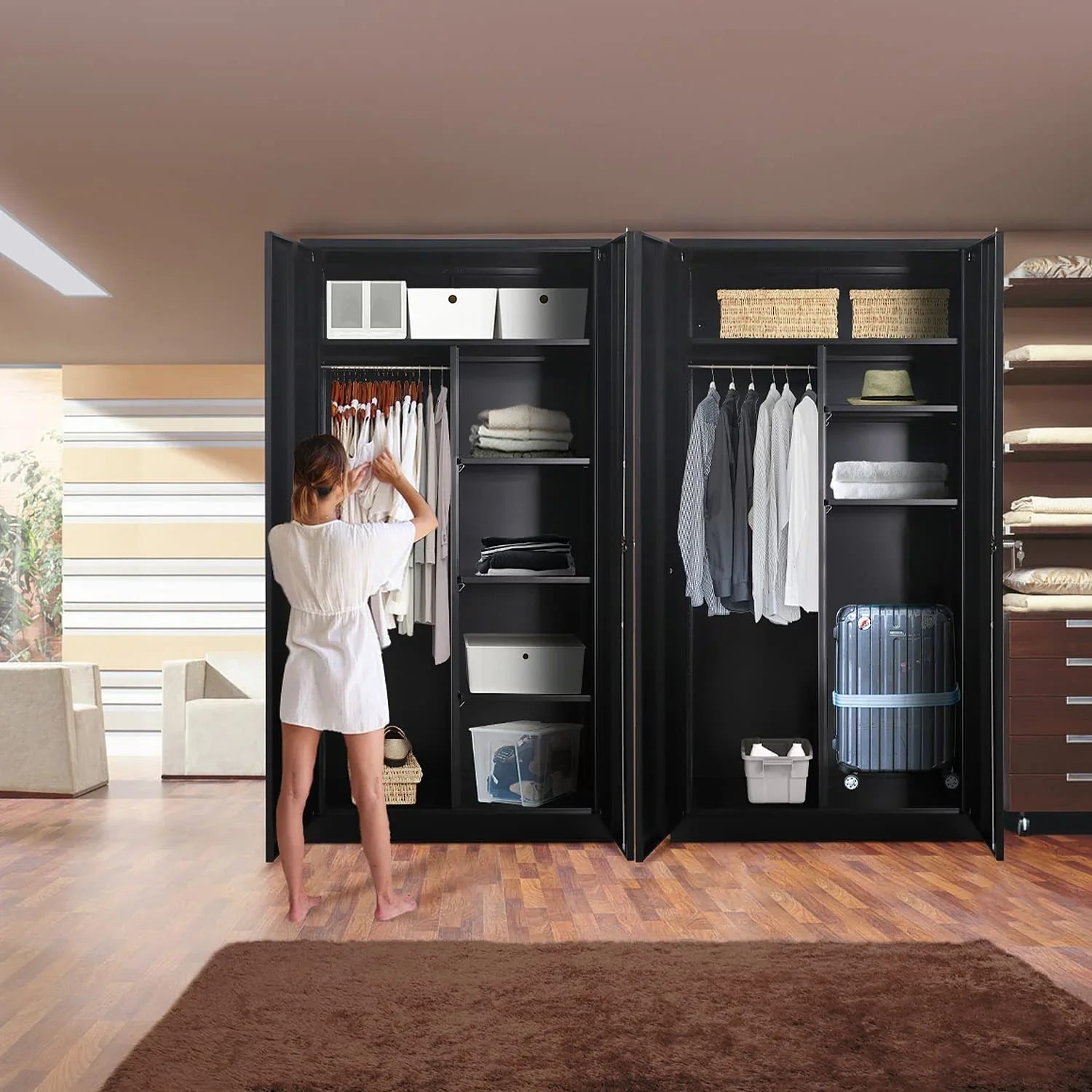 HOOMHIBIU Metal  Cabinets Locker with Locking Door  72'' Clothing Coat Steel Wardrobe Cabinet with Lock and Shelves for Office  Home  Garage  Employee  Freestanding (Black)