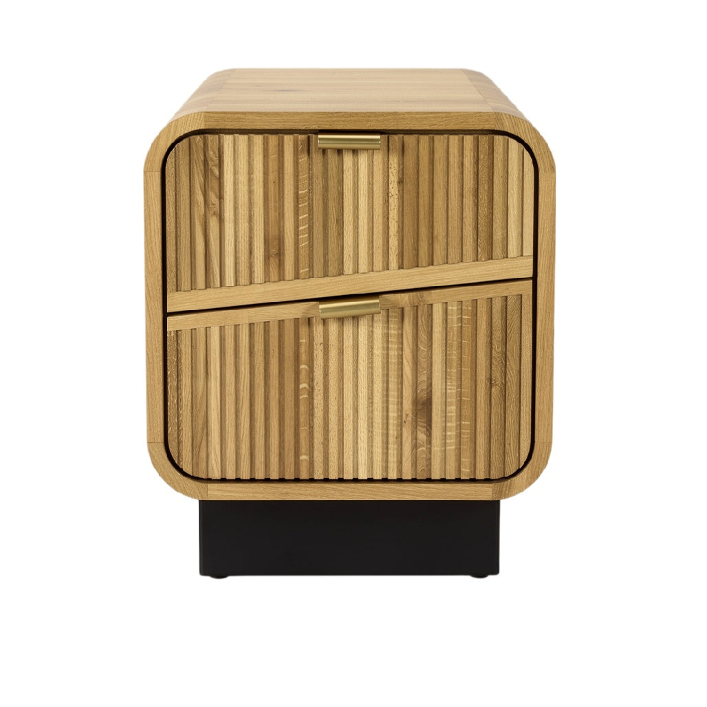 Modern Wooden Side Table with Grooved Design and Metal Accents