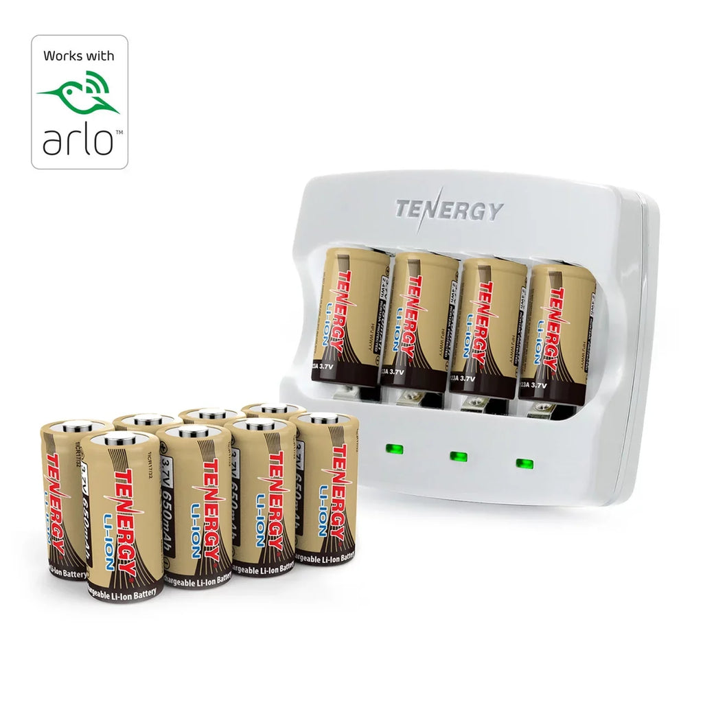Tenergy Rechargeable Batteries 12-Pack Batteries and Charger, Li-ion 3.7V 650mAh Battery for Arlo Camera (VMC3030)