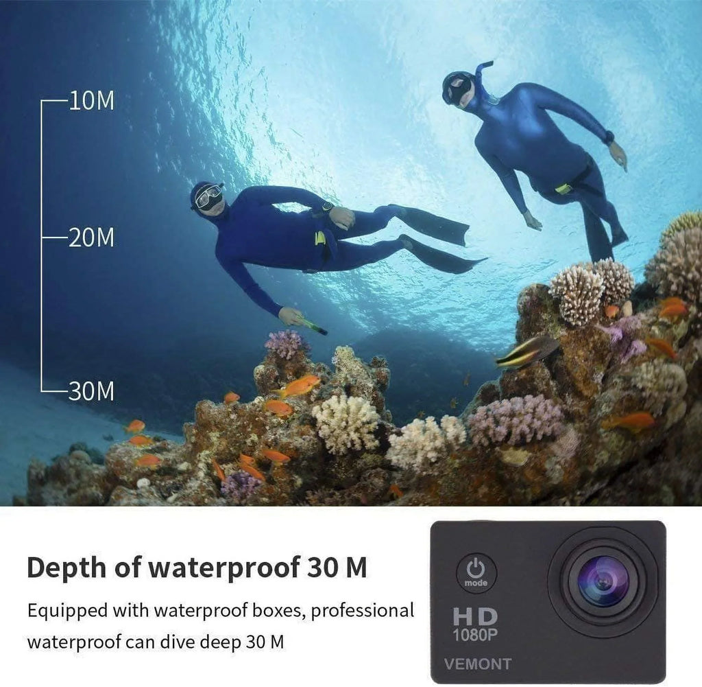 VEMONT Action Camera, 1080P 12MP Sports Camera Full HD 2.0 Inch Action Cam 30m/98ft Underwater Waterproof Snorkel surf Camera with Wide-Angle Lens and Mounting Accessories Kit Black
