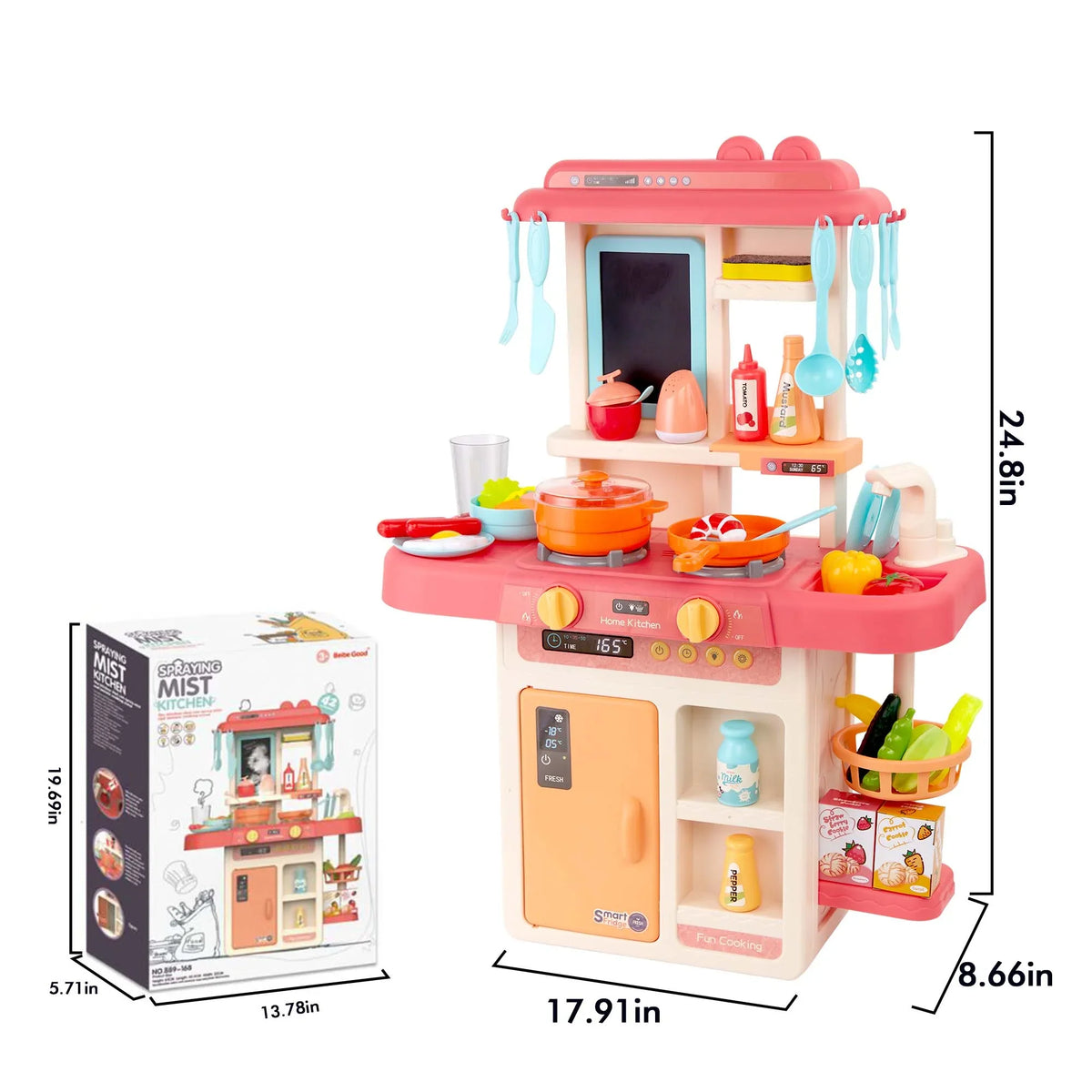 Play Kitchen Set for Kids Pretend Food, 42-Pack Kitchen Toys for Toddlers, Toy Accessories Toddler Set with Real Sounds and Lights, Educational Preschool Toys for Girls Boys, Pink