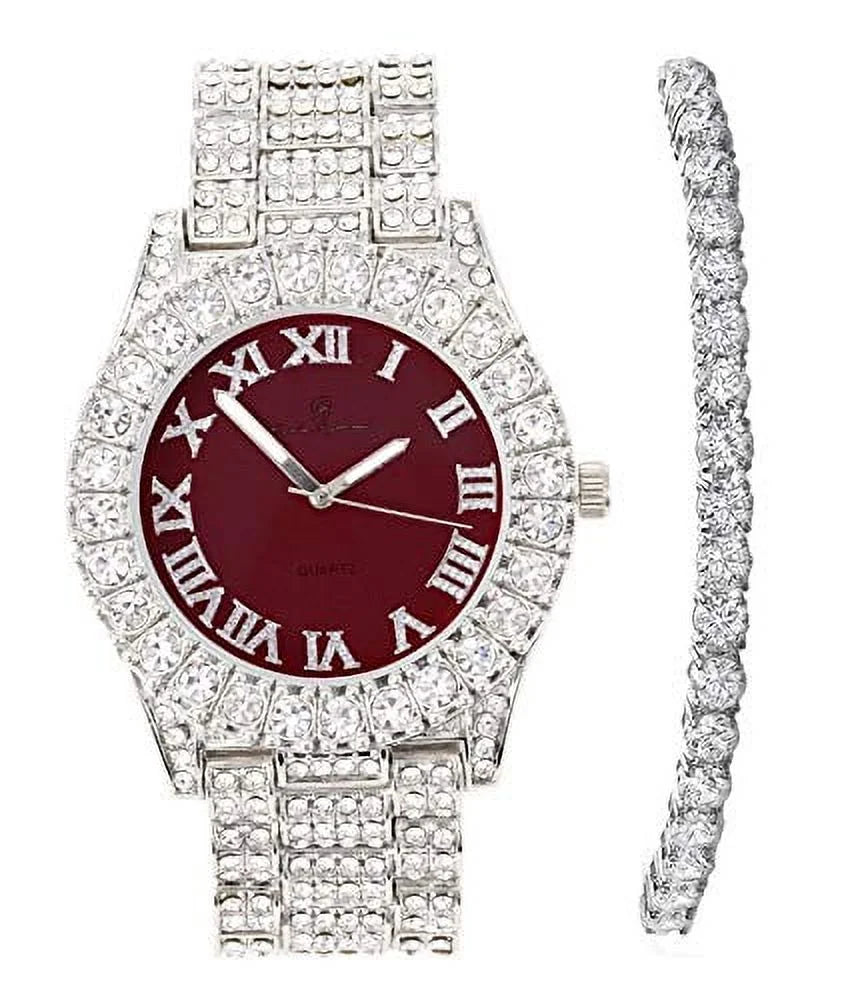 Charles Raymond Women's Big Rocks Blinged Out Bezel Colored Dial with Roman Numerals Fully Iced Out Hip Hop Wristwatch and Sparkling Tennis Bracelet Set - ST10327LA (TLA Silver - Burgundy)