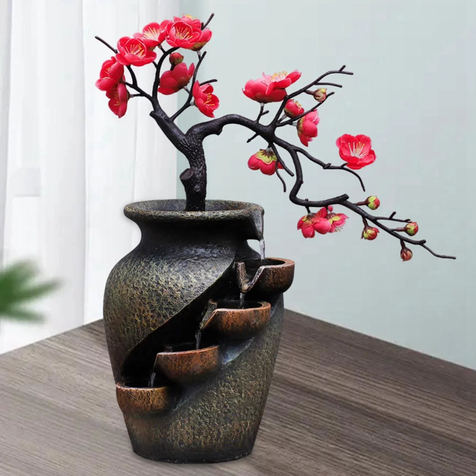 Creative SimuLatitudeion VaseThree-dimensional Tabletop Water Fountain Soothing Relaxation Flower Vase Craft Feng Shui Waterfall Fountains for Garden Office Living room Desk Decor Gifts