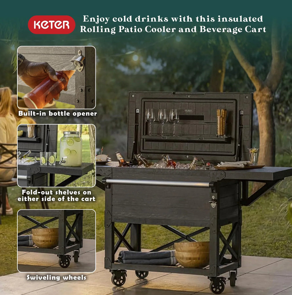 Keter Outdoor Patio Cooler Ice Chest InsuLatitudeed Beverage Bar Cart, Gray