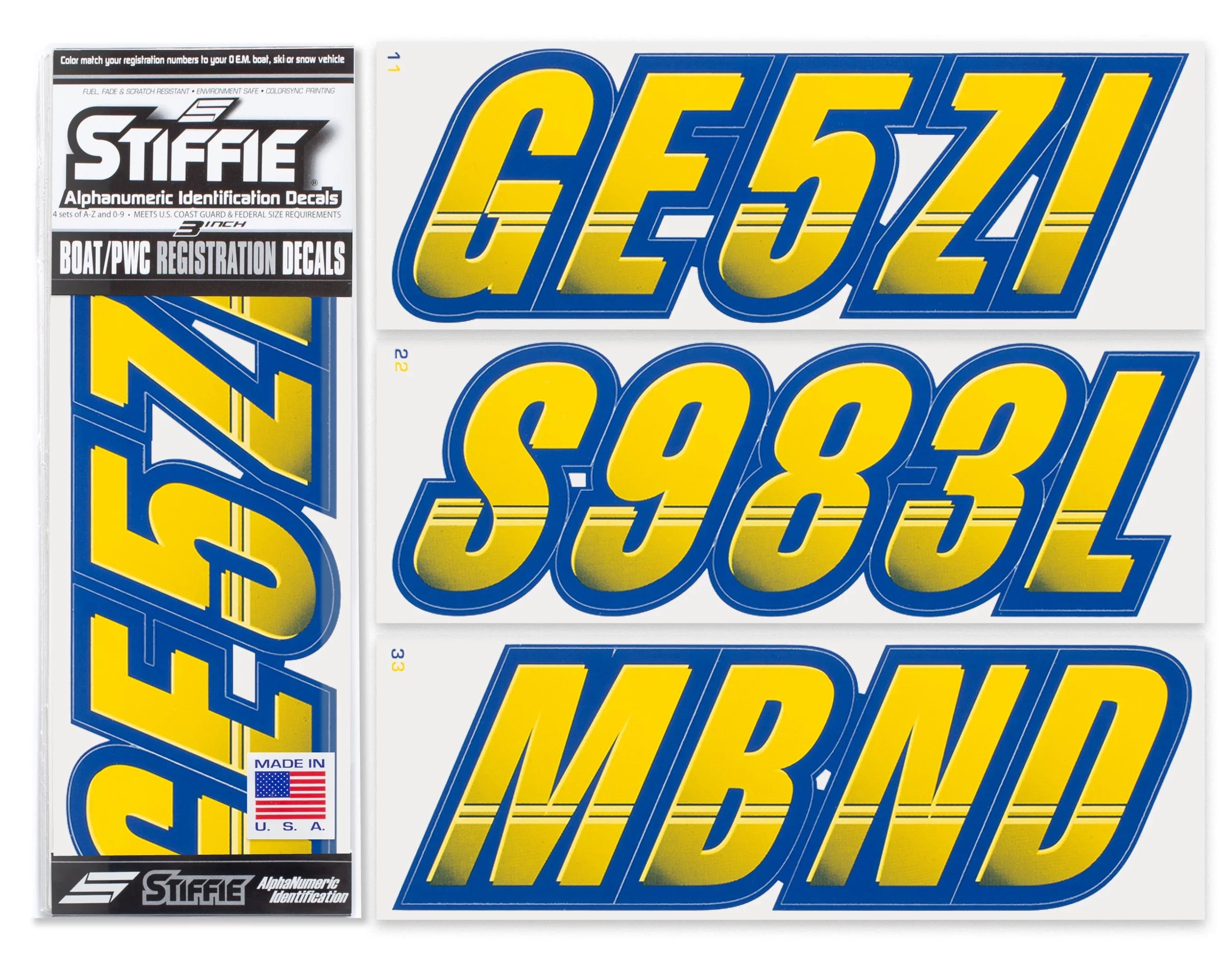STIFFIE Techtron Yellow/Navy 3" Alpha-Numeric Identification Custom Kit Registration Numbers & Letters Marine Stickers Decals for Boats & Personal Watercraft PWC