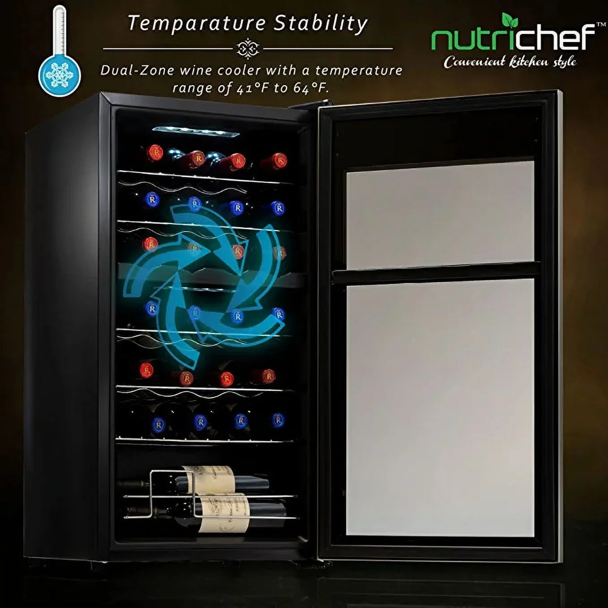 NutriChef 28 Bottle Compressor Cooler Dual-Zone Refrigerator Cooling System