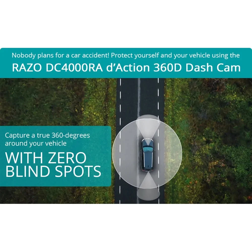 Razo Dash Cam DC4000RA, Simultaneous 3-Ch 360-Degree Recording, Records All Surroundings at Once, Covering All Blind Spots, Built-in GPS, G-Sensor Impact Detection with 32GB microSD Card - (Open Box)