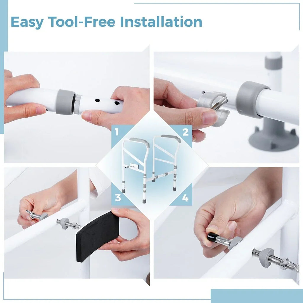 Toilet Safety Rails for Elderly, Adjustable Toilet Support Frame, Toilet Standing Aid for Disabled, Toilet Safety Handles with Large Non-Slip Mats, Free-Assembly, Fit All Toilets
