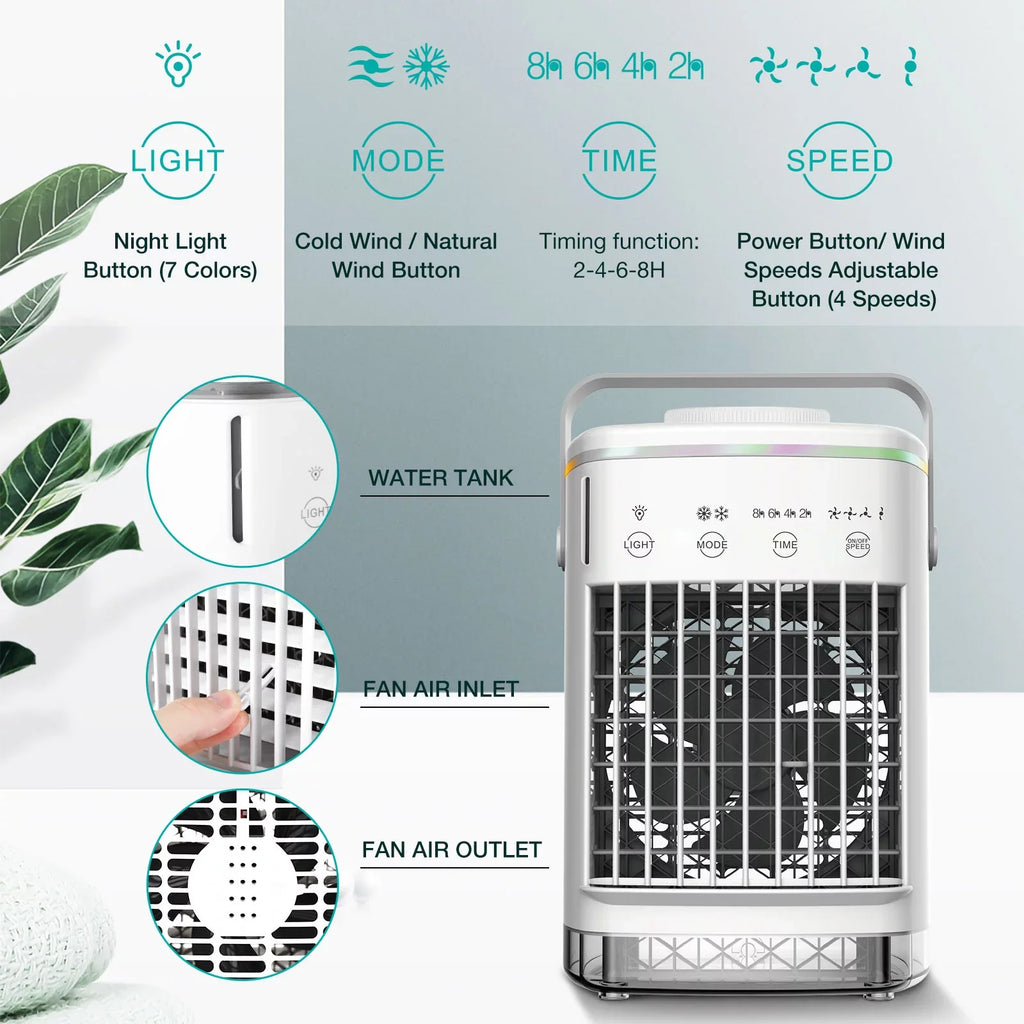 Hiroke Portable Air Conditioners Fan Desktop Air Cooler with 4-Speed Personal Mini Air Conditioner 7 Night Light & 2-8H Timer Desk Spray Fan for Home Office Camping