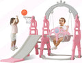 Kinbor 5 in 1 Toddler Slide Swing Set, Climber Slide Playground Baby Playset for Outdoor & Indoor with Basketball Hoop, Extra Long Slide & Easy Climb Stairs, Pink