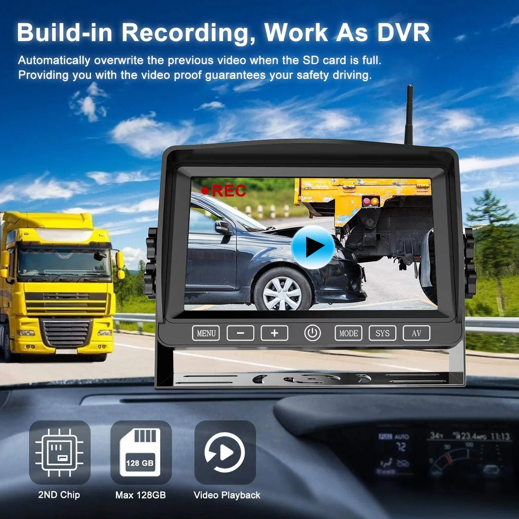 Fookoo HD 1080P 7" Wireless Backup Camera, 7-inch Dual/Quad Split Screen Monitor w/ Recording Touch Button, Supports 4 Cameras, IP69 Waterproof Rear View Cam Parking Lines for RV/Trailer/Truck (DW701)