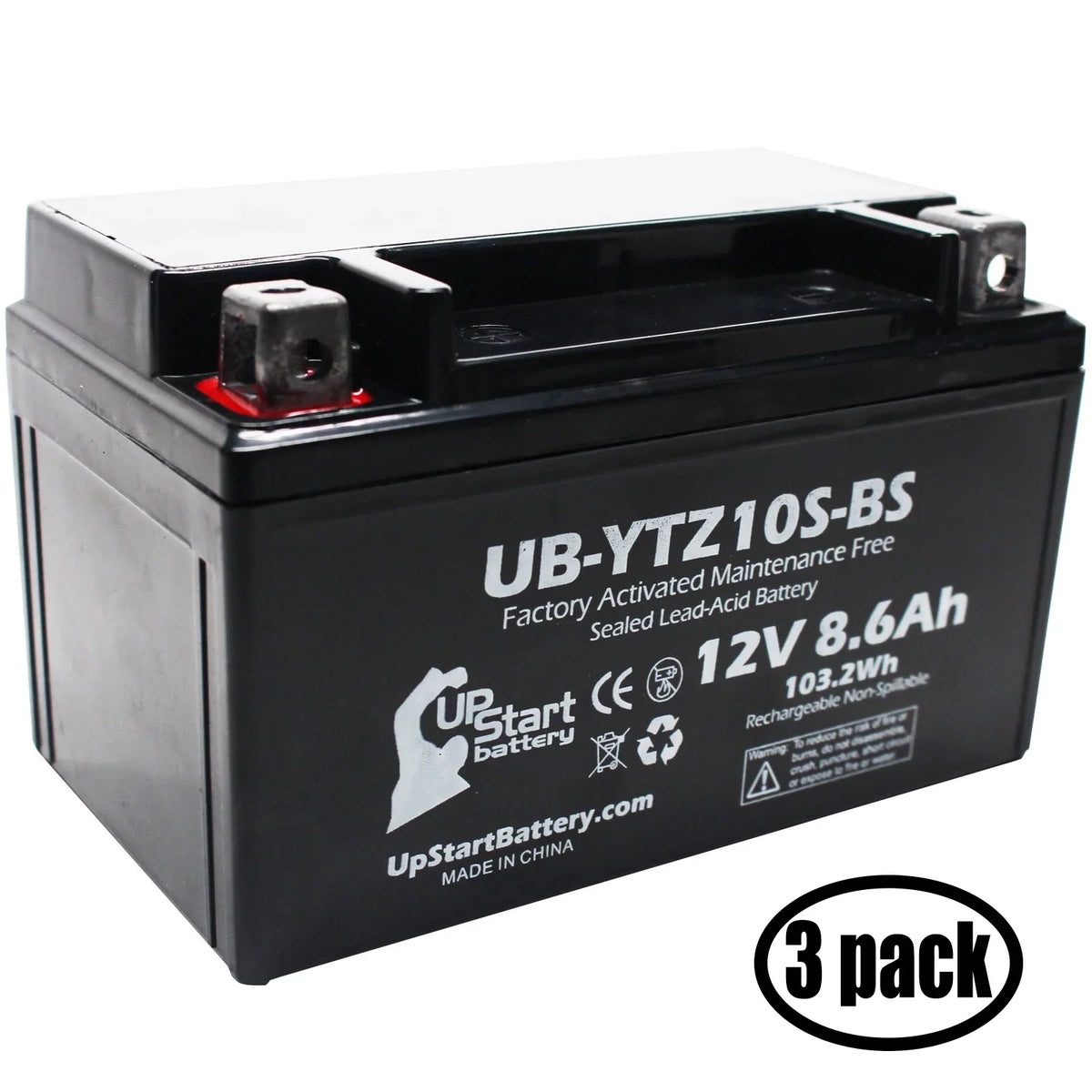 3-Pack UpStart Battery Replacement for 2011 Yamaha YZF-R1 1000CC Factory Activated, Maintenance Free, Motorcycle Battery - 12V, 8.6Ah, UB-YTZ10S-BS