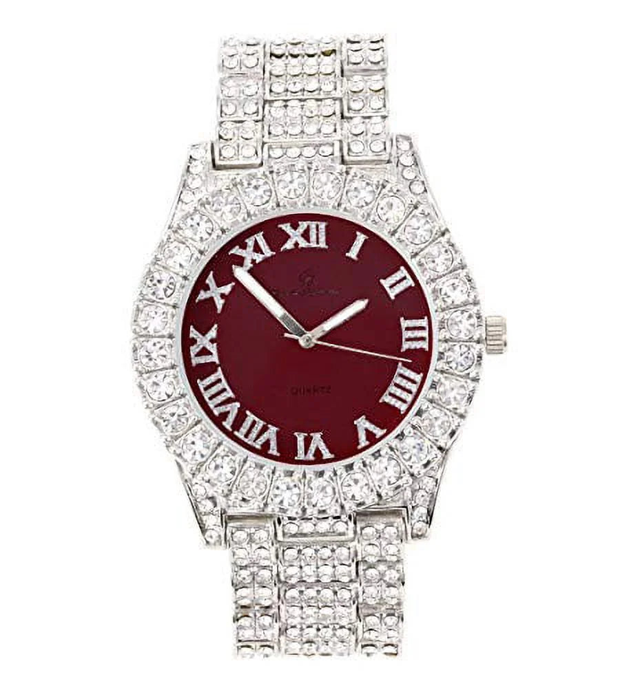 Charles Raymond Women's Big Rocks Blinged Out Bezel Colored Dial with Roman Numerals Fully Iced Out Hip Hop Wristwatch and Sparkling Tennis Bracelet Set - ST10327LA (TLA Silver - Burgundy)