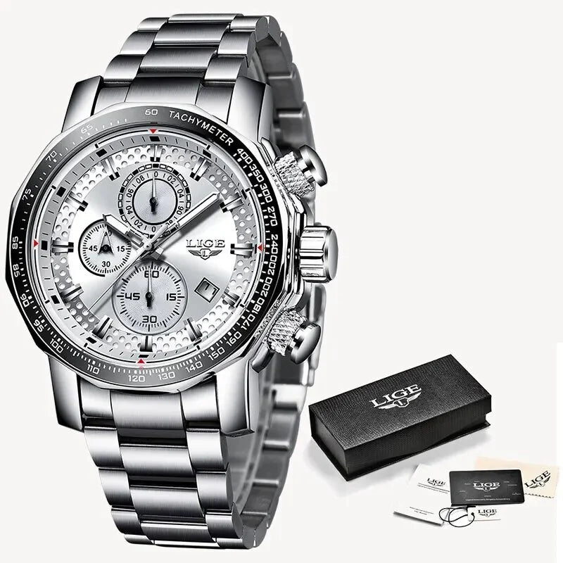 New Sport Chronograph Mens Watches Top Brand Luxury Full Steel Quartz Clock Waterproof Big Dial Watch Men Montre Homme silver white