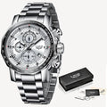 New Sport Chronograph Mens Watches Top Brand Luxury Full Steel Quartz Clock Waterproof Big Dial Watch Men Montre Homme silver white