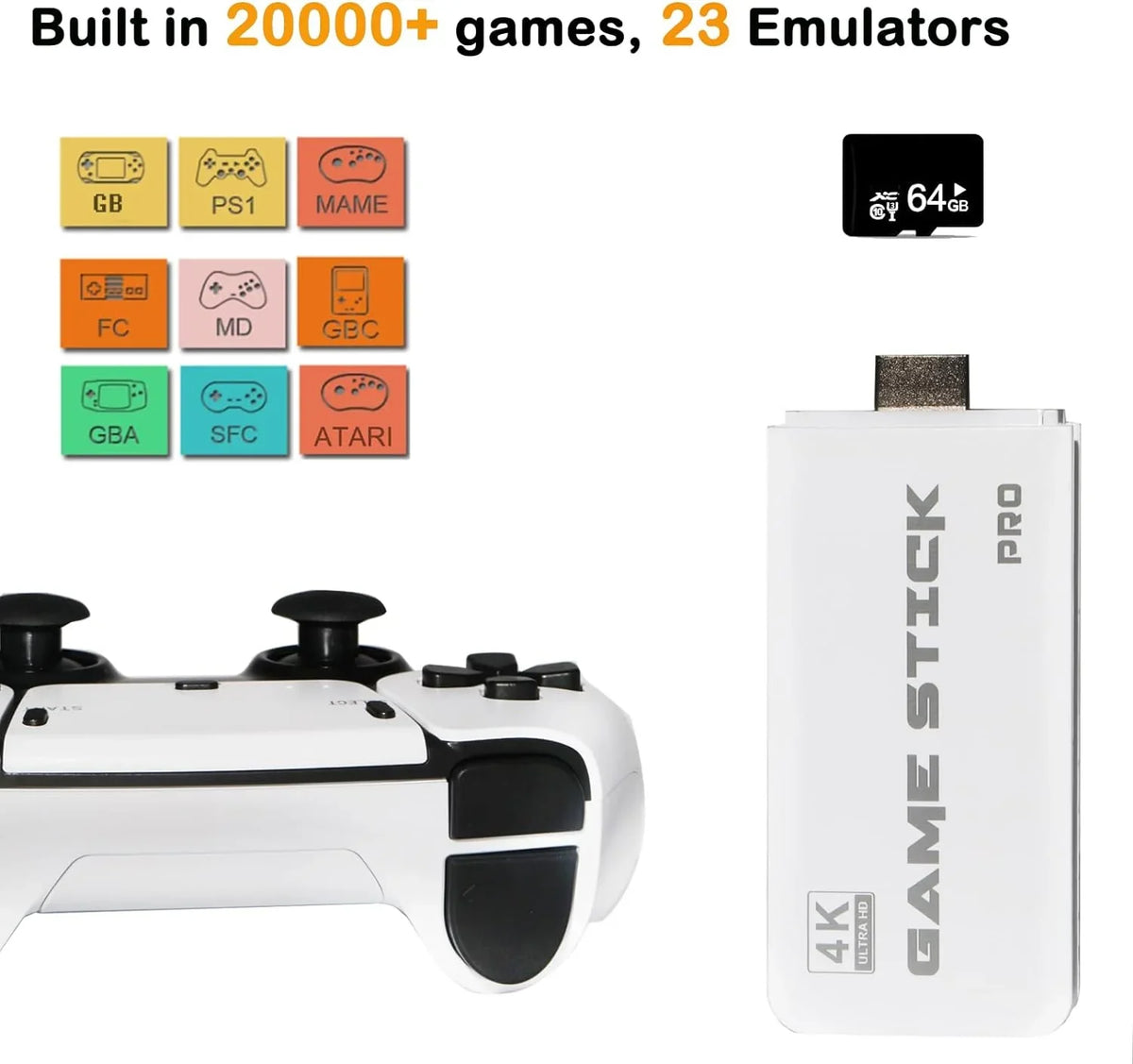 Wireless Retro Game Console, Plug and Play Video Game Stick Built in 20000+ Games,23 Classic EmuLatitudeors, 4K High Definition HD Output for TV with Dual 2.4G Wireless Controllers