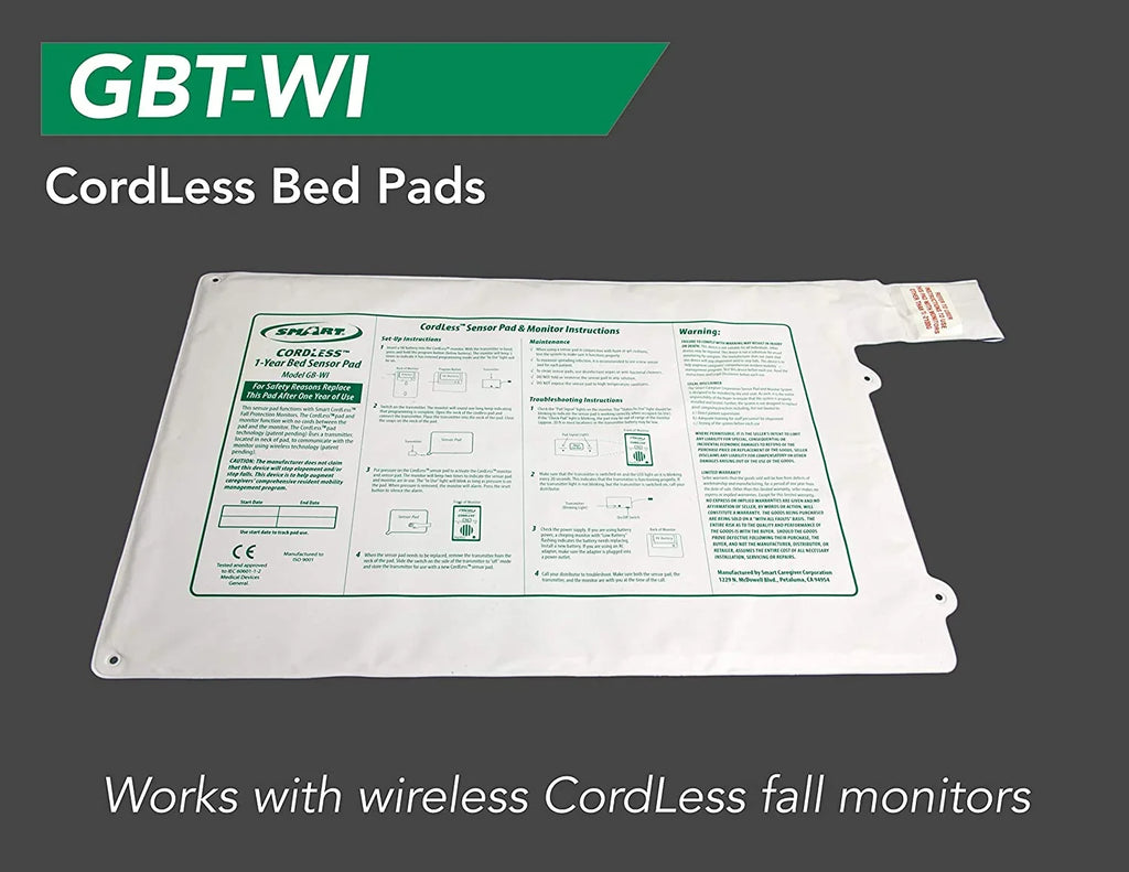 Smart Caregiver Wireless Bed Alarm System - Cordless Bed Alarm Pad (20” x 30”) with Remote Alert Monitor, 20 Individual Cleaning Wipes and Liberty 7 Day Pill Box