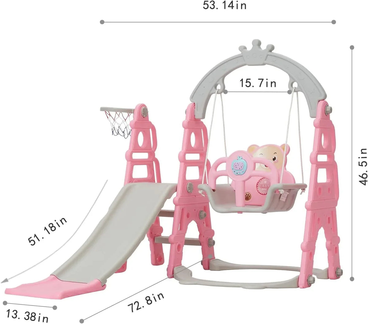 Kinbor 5 in 1 Toddler Slide Swing Set, Climber Slide Playground Baby Playset for Outdoor & Indoor with Basketball Hoop, Extra Long Slide & Easy Climb Stairs, Pink