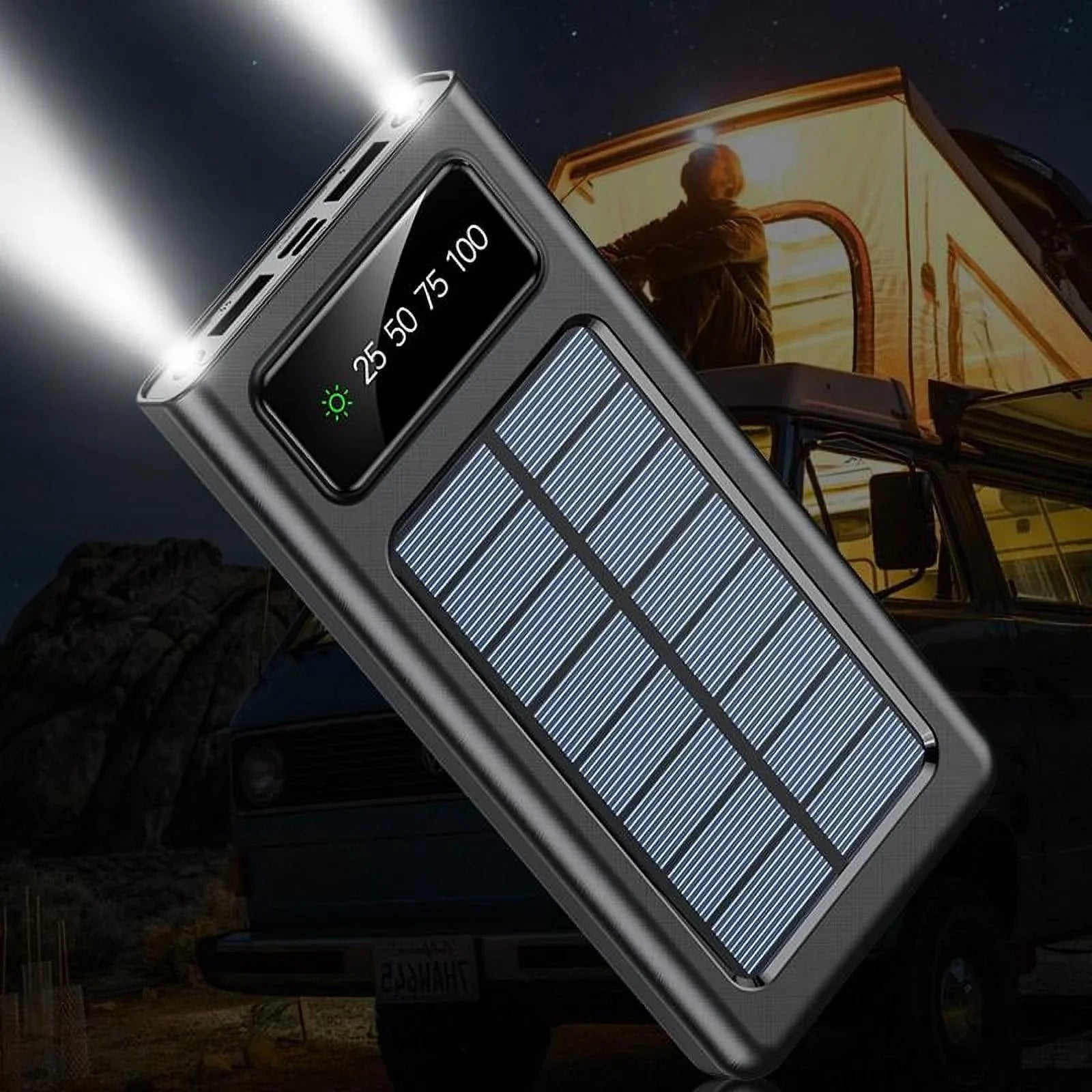 Solar Power Bank 20000Mah Built In 4 Cables Portable Charger W Dual LED Flash