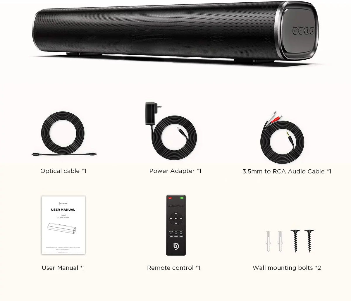 SoundBars For TV, Bomaker 16-Inch 2.0 TV Sound bar, Wireless Bluetooth 5.0 Computer Speaker, 105dB, 3D Surround Sound