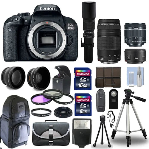 Canon EOS 800D Camera+ 6 Lens 18-55mm STM, 75-300mm, 50mm, 500mm + 24GB PRO KIT!