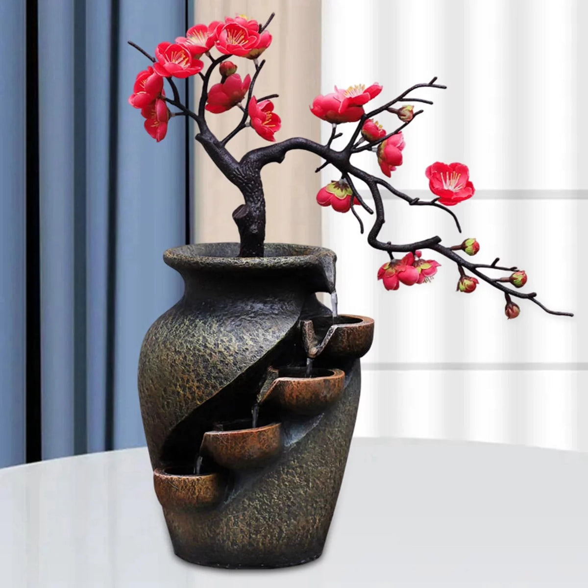 Creative SimuLatitudeion VaseThree-dimensional Tabletop Water Fountain Soothing Relaxation Flower Vase Craft Feng Shui Waterfall Fountains for Garden Office Living room Desk Decor Gifts