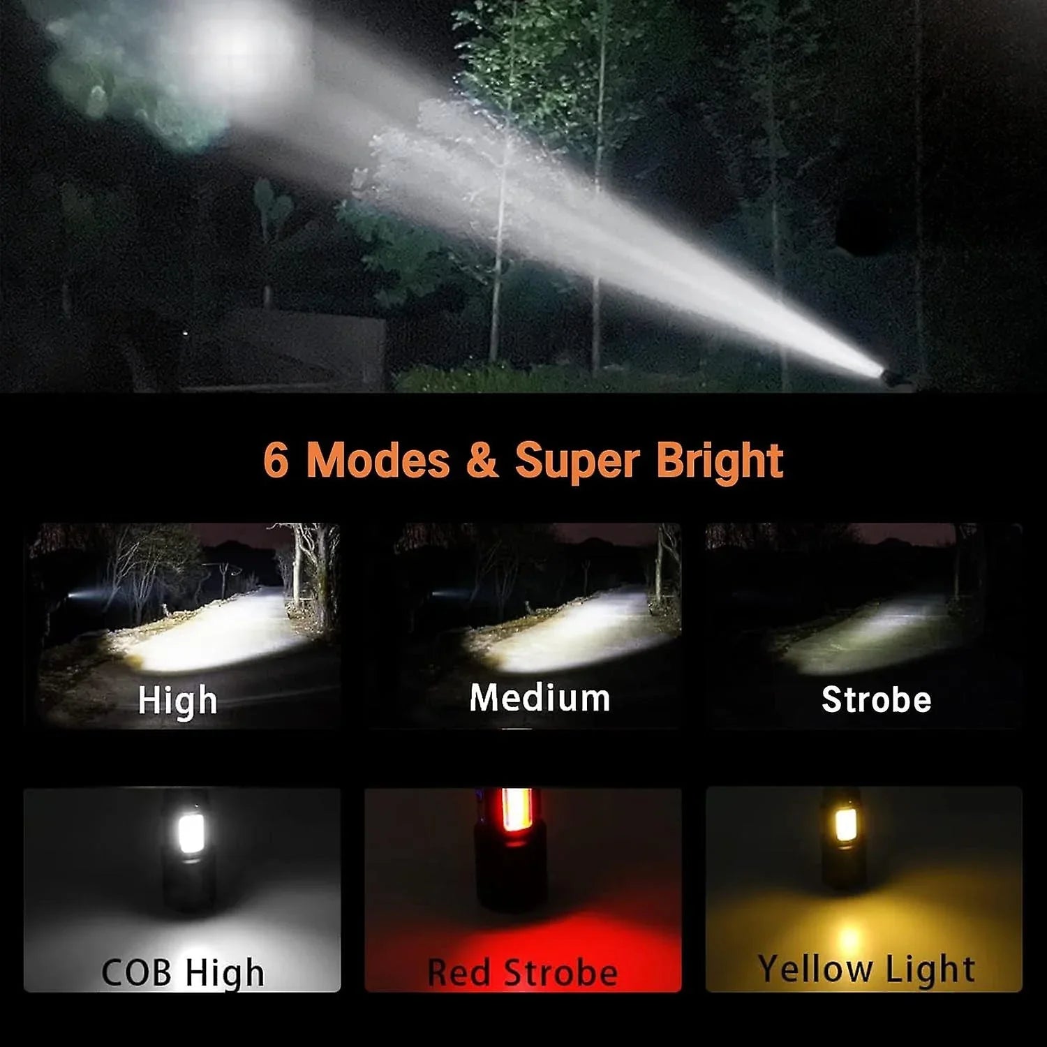 Torch, Rechargeable Flashlight 15000 High Lumen Super Bright Torch, Tactical Flashlight, 6 Modes With 2 Cob Light, Adjustable Zoomable, Magnetic Water