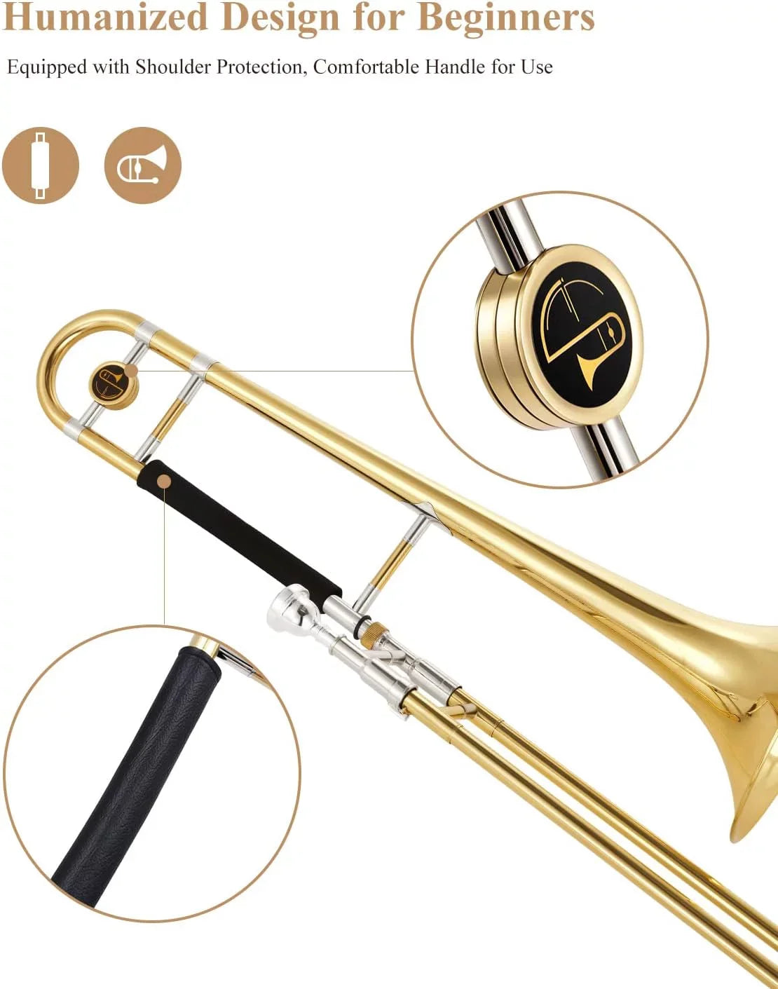 Eastar Bb Tenor Trombone for Beginners Students B FLatitude Brass Instrument, with Case, Mouthpiece, White Gloves, Cleaning Kit, Gold