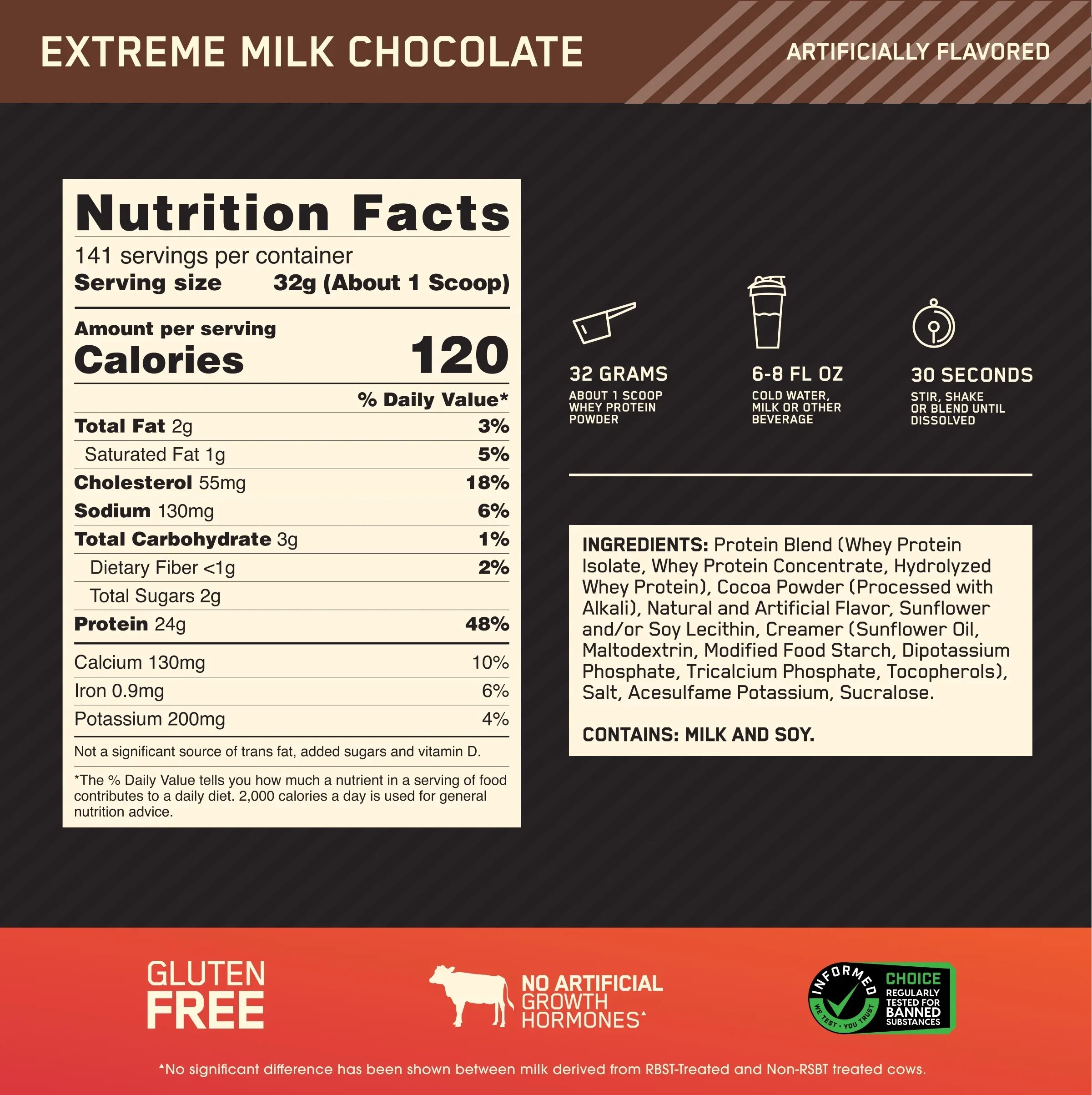 Optimum Nutrition, Gold Standard 100% Whey Protein Powder, Extreme Milk ChocoLatitudee, 10 lb, 141 Servings