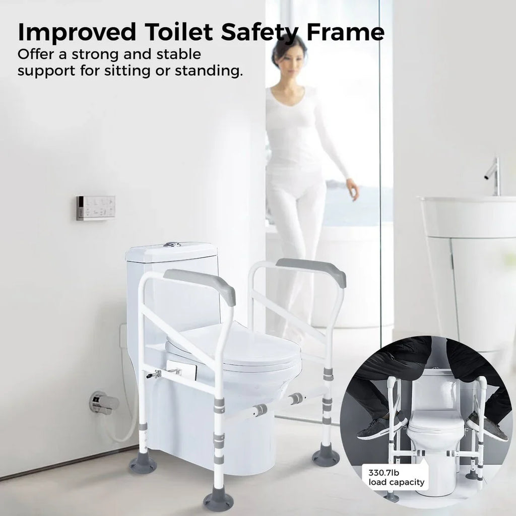 Toilet Safety Rails for Elderly, Adjustable Toilet Support Frame, Toilet Standing Aid for Disabled, Toilet Safety Handles with Large Non-Slip Mats, Free-Assembly, Fit All Toilets