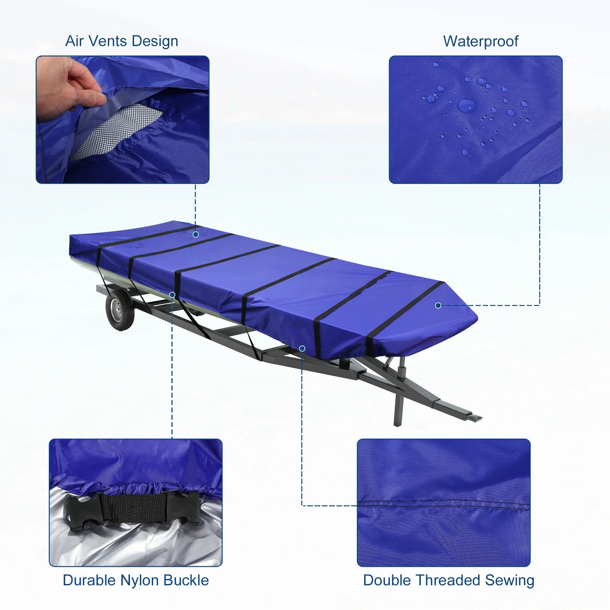 1 Set 14'-16'x70'' Jon Boat Cover 210D Polyester Air Vents Waterproof Sunshine Resist Boat Cover Blue