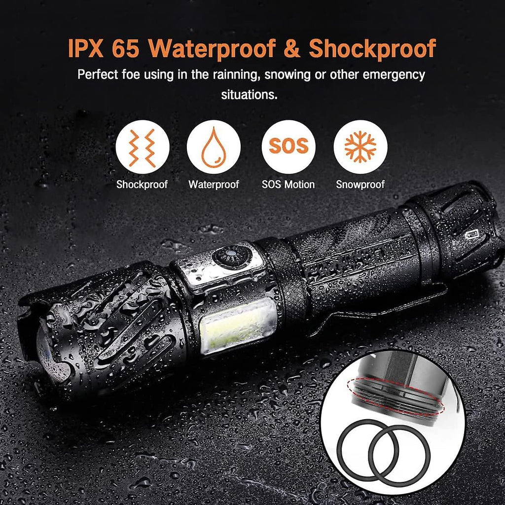 Torch, Rechargeable Flashlight 15000 High Lumen Super Bright Torch, Tactical Flashlight, 6 Modes With 2 Cob Light, Adjustable Zoomable, Magnetic Water