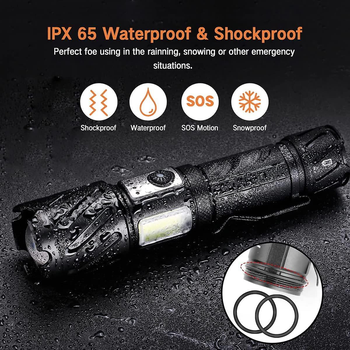 Torch, Rechargeable Flashlight 15000 High Lumen Super Bright Torch, Tactical Flashlight, 6 Modes With 2 Cob Light, Adjustable Zoomable, Magnetic Water