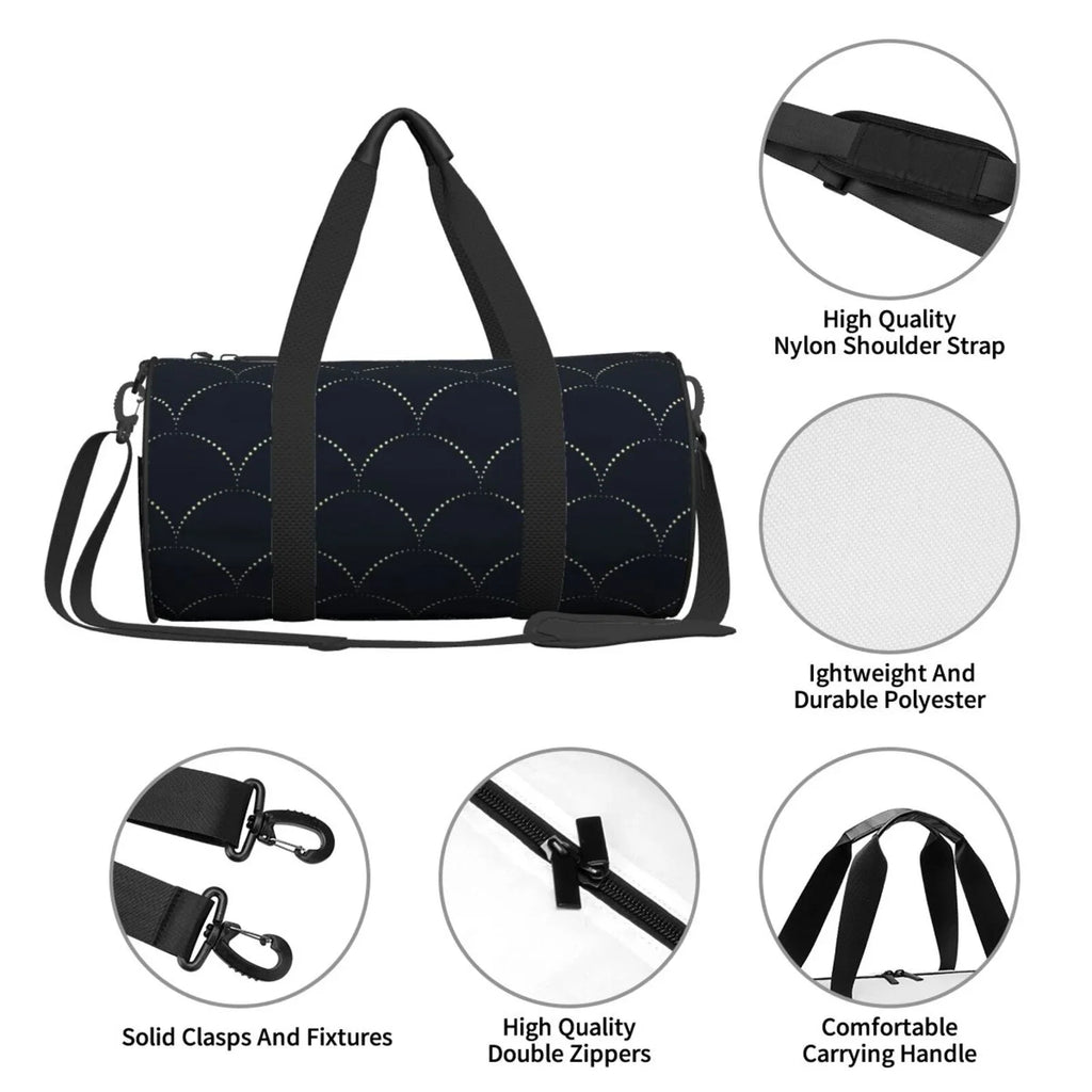 Coaee Black Fish scales Large Capacity Travel Luggage Bag Cylinder Gym Bag Waterproof Sports Bag with Pocket and Compartment
