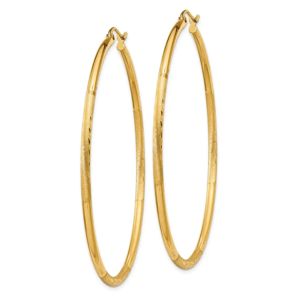 Real 14kt Yellow Gold Satin and Diamond-cut 2mm Round Tube Hoop Earrings; for Adults and Teens; for Women and Men