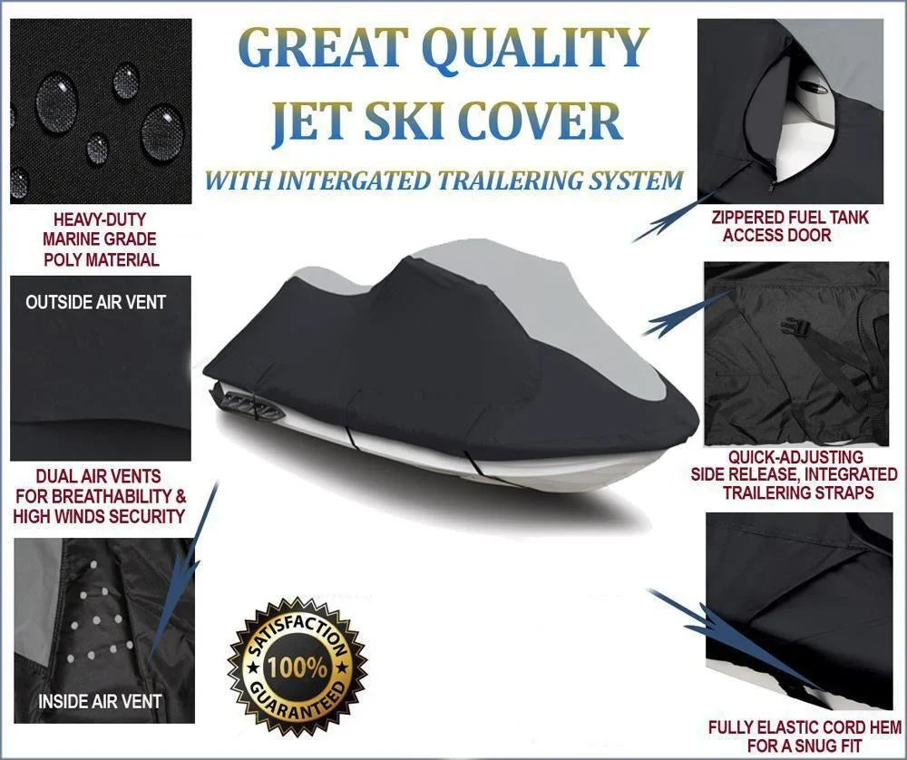 SUPER HEAVY-DUTY PWC JetSki Cover Compatible for Polaris Genesis Deluxe JetSki Jet Ski PWC Cover 1999 2000 2001 2002 Black/Grey