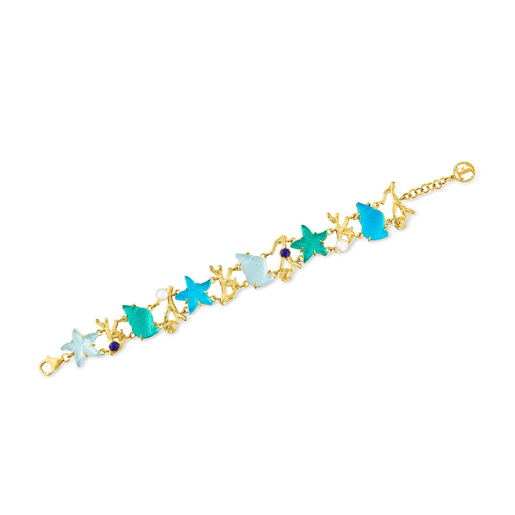 Ross-Simons Italian Tagliamonte Blue and Green Venetian Glass Sealife Bracelet With Cultured Pearl in 18kt Gold Over Sterling, Women's, Adult