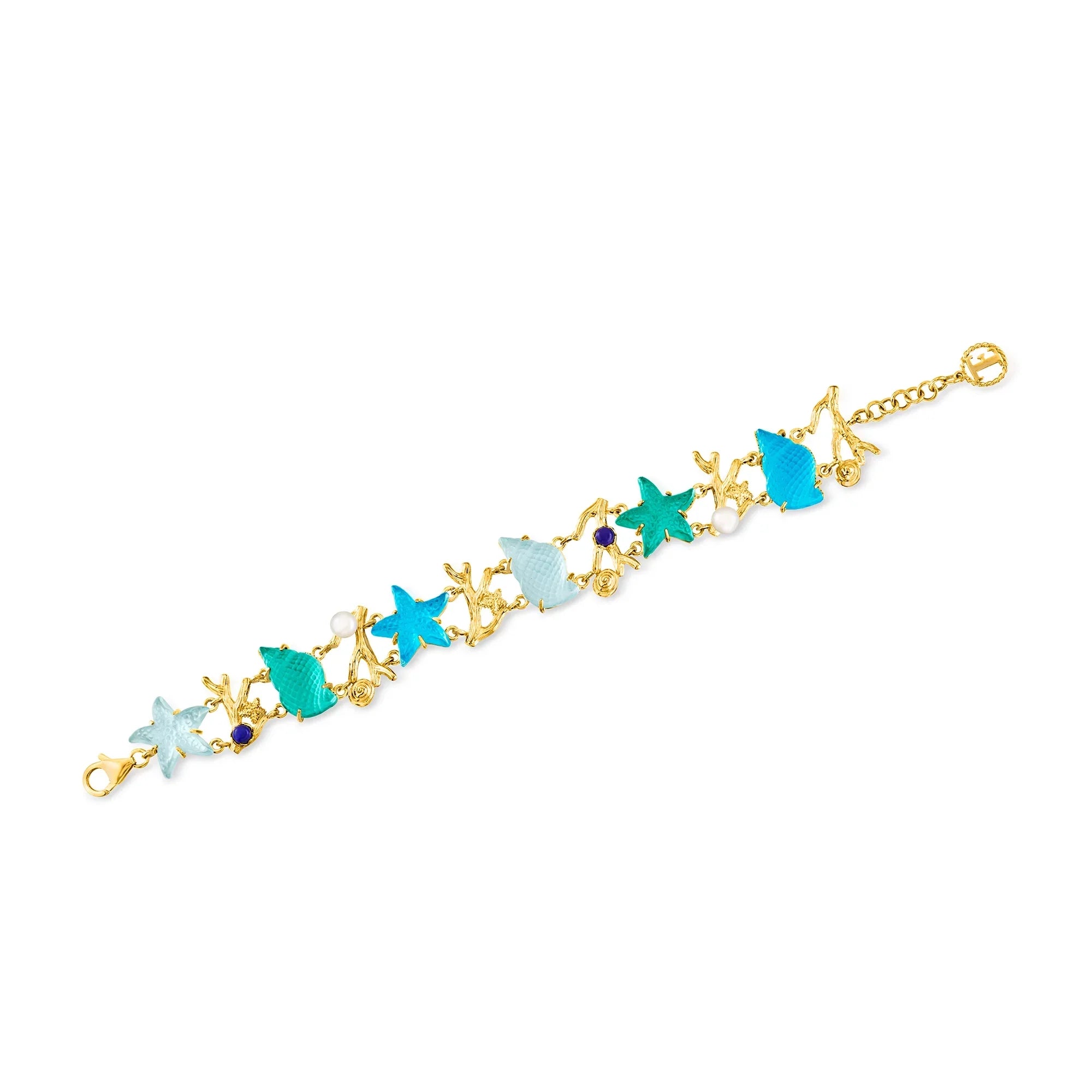 Ross-Simons Italian Tagliamonte Blue and Green Venetian Glass Sealife Bracelet With Cultured Pearl in 18kt Gold Over Sterling, Women's, Adult