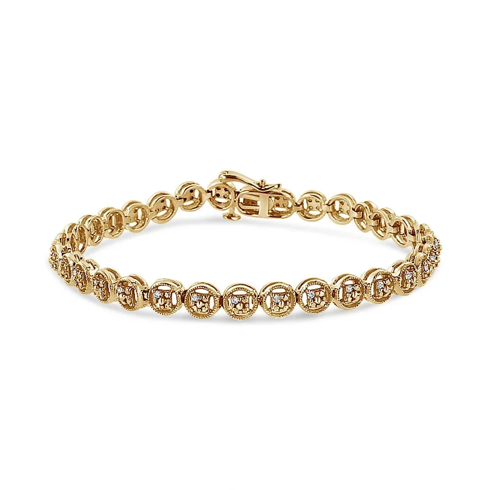 14K Yellow Gold PLatitudeed .925 Sterling Silver 1/10 Cttw Diamond Open Circle Wheel Link 7" Tennis Bracelet (I-J Color, I2-I3 Clarity)