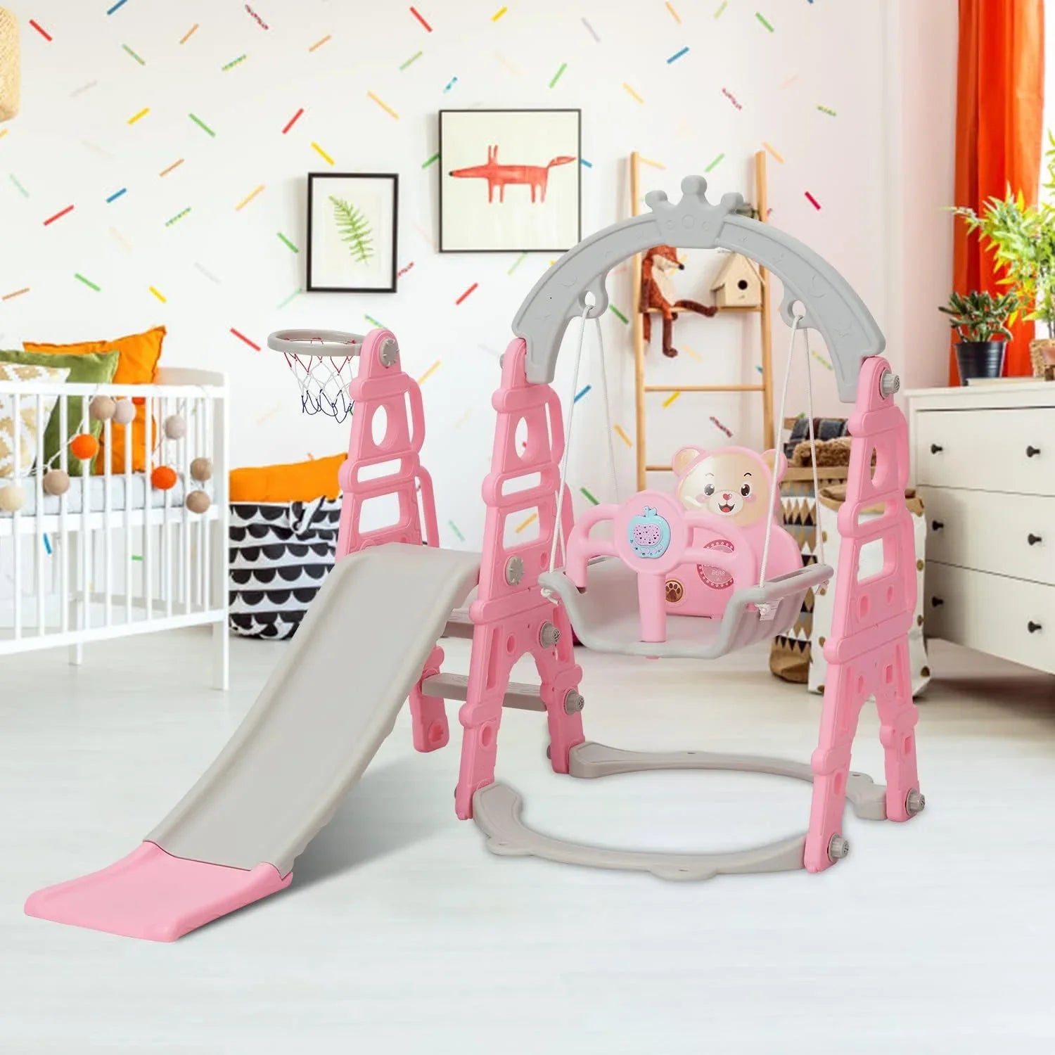 Kinbor 5 in 1 Toddler Slide Swing Set, Climber Slide Playground Baby Playset for Outdoor & Indoor with Basketball Hoop, Extra Long Slide & Easy Climb Stairs, Pink