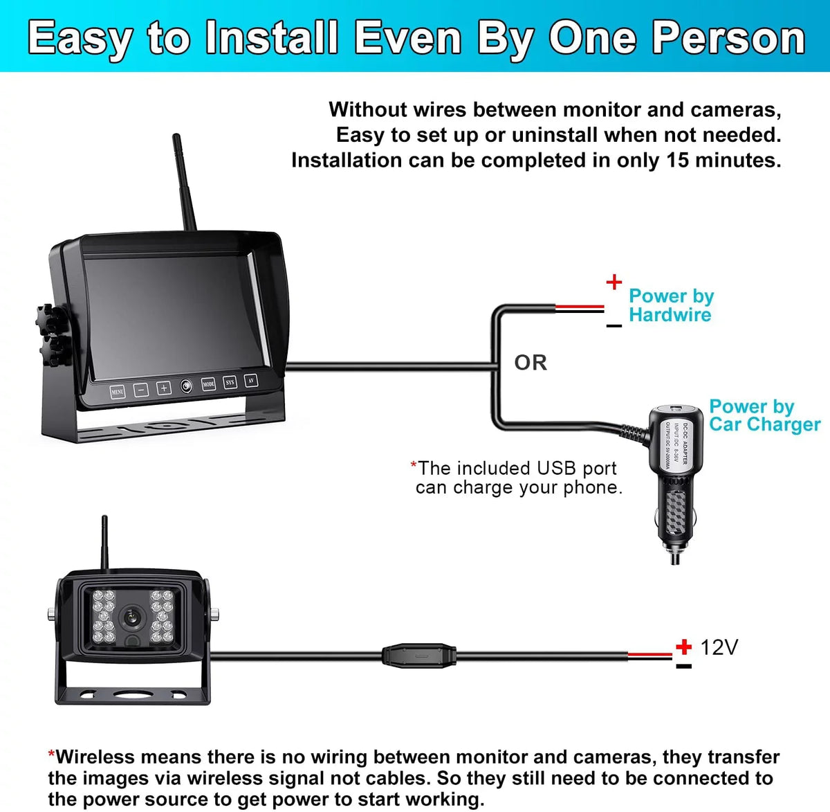 Fookoo HD 1080P 7" Wireless Backup Camera, 7-inch Dual/Quad Split Screen Monitor w/ Recording Touch Button, Supports 4 Cameras, IP69 Waterproof Rear View Cam Parking Lines for RV/Trailer/Truck (DW701)