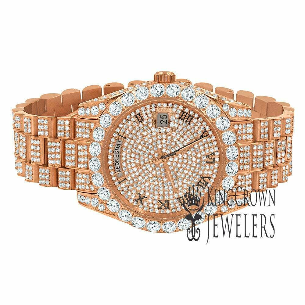 18K Rose Gold Tone Full Steel Day-Date Roman Face Solitaire Bezel Mens SimuLatitudeed Diamond Watch 40mm